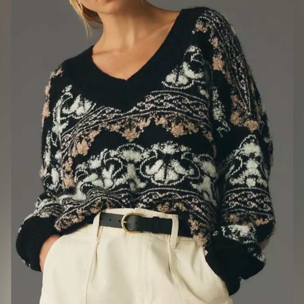Anthropologie Slouchy Textured VNeck Oversized Sweater Medium Cozy Boho Pullover